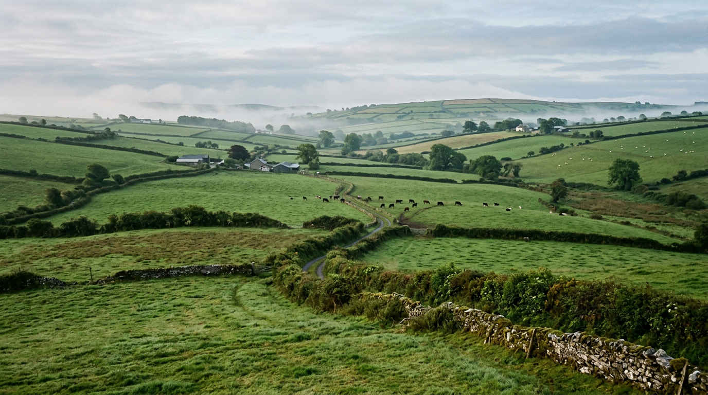 Green Irish farmland divided by hedgerows in soft morning light